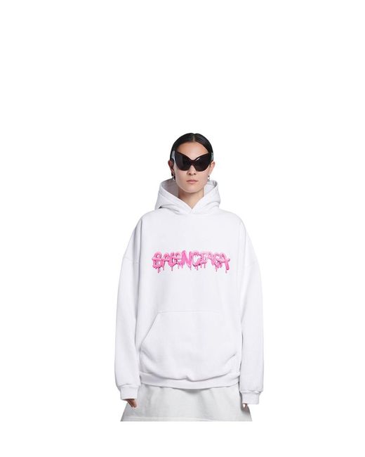 Balenciaga White Logo Print Ribbed Hem Hoodie
