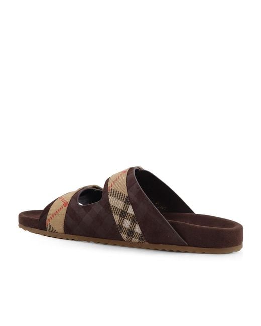 Burberry Brown Double Buckle Checked Slides for men