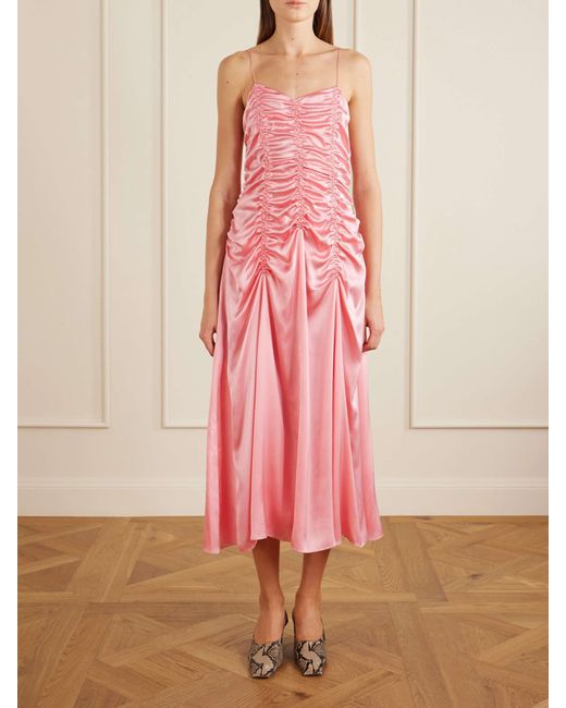 Khaite Pink Ruched Silk Midi Dress