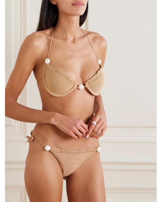 Magda Butrym White Crocheted Bikini Top With Artificial Pearls