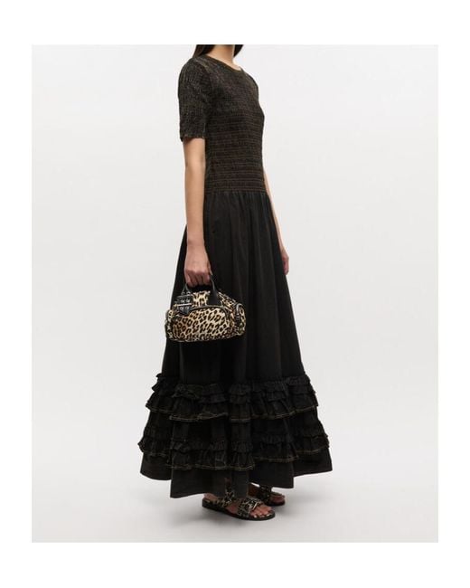 Ganni Black Leopard Printed Buckle Detailed Mini Tote Bag