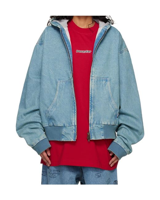 Vetements Blue Hooded Zip-Up Denim Jacket for men