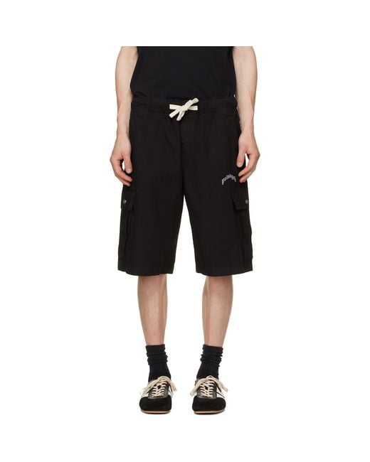 Palm Angels Black Curved Logo Loose Cargo Shorts for men