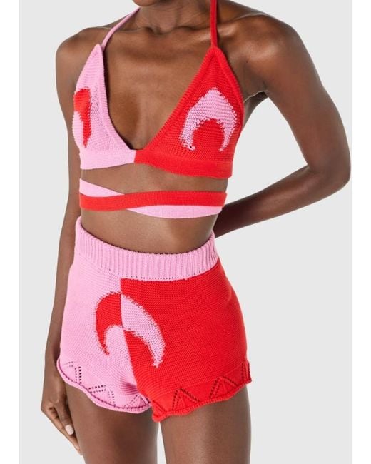 MARINE SERRE Red Crochet Knit Shorts