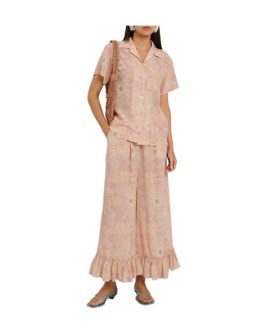 Chloé Pink Light Floral Ruffled Wide-Leg Casual Pants
