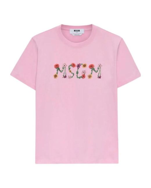 MSGM Pink Logo Printed Crewneck T-Shirt
