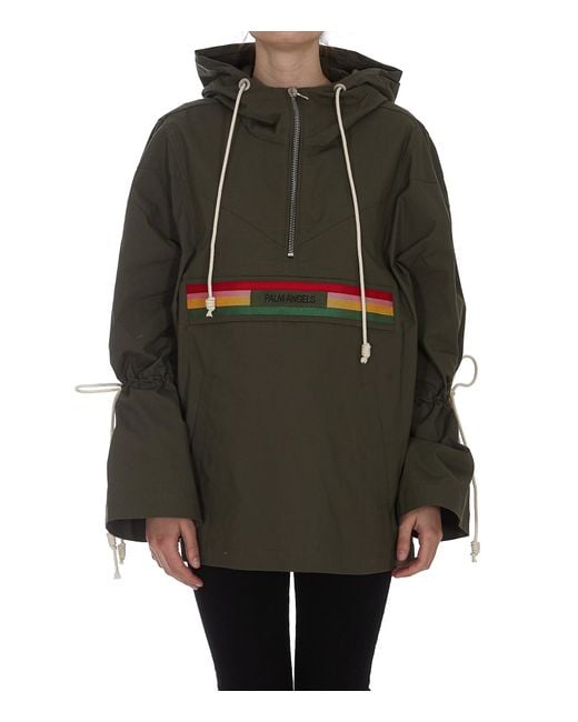 Palm Angels Green Striped Hooded Jacket