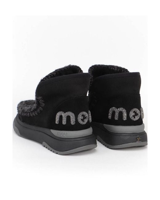 Mou Black Eskimo Logo-Glitter Whipstitch-Trim Boots