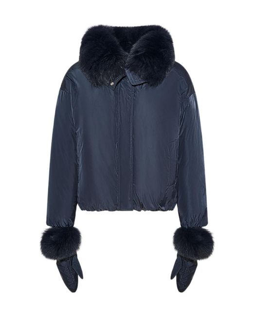 Yves Salomon Blue Short Technical Fabric Down Jacket With Detachable Fox Fur Collar
