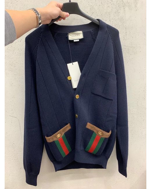 Gucci Blue Knit Wool Blend Cardigan With Web for men