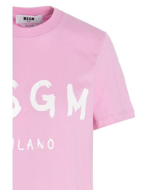 MSGM Pink Logo Print Round-Collar T-Shirt