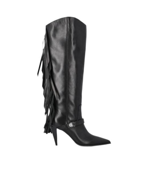 Pinko Black Fringe-Detail Leather Boots