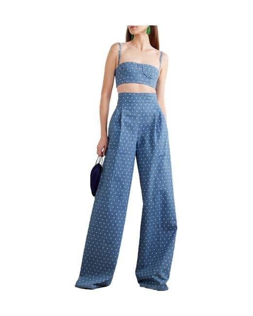 Carolina Herrera Blue Marisol Pleated Polka-Dot Wide Jeans