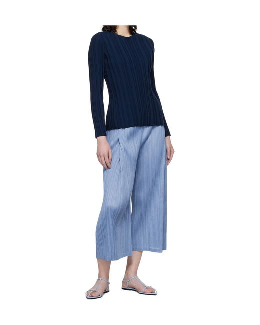 Pleats Please Issey Miyake Blue Ribbed Knit Crew Neck Top