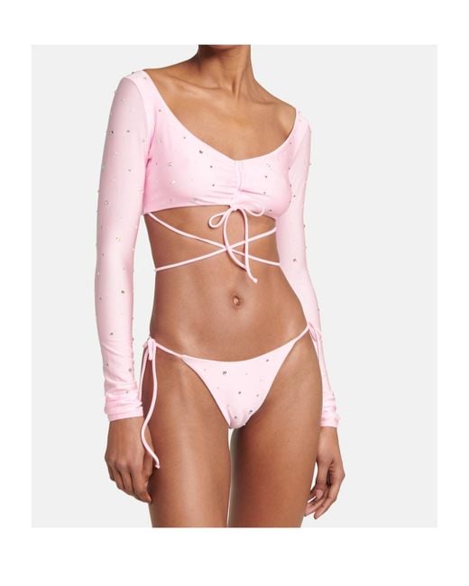 Alessandra Rich Pink Crystal-Embellished Ruched Bikini