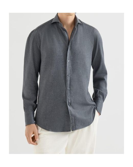 Brunello Cucinelli Gray Stretch Cotton Chevron Flannel Shirt With Spread Collar for men