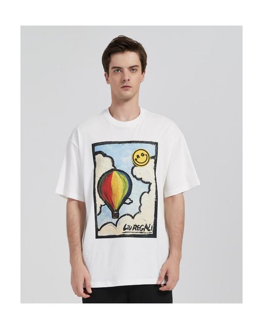 LIU REGALI White Hot Air Balloon Oil Painting Short-Sleeved T-Shirt for men