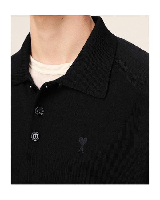 AMI Black Ami Logo Embroidered Ribbed Hem Polo Shirt for men