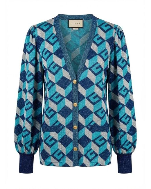 Gucci Blue Geometric G Lamé Jacquard Cardigan