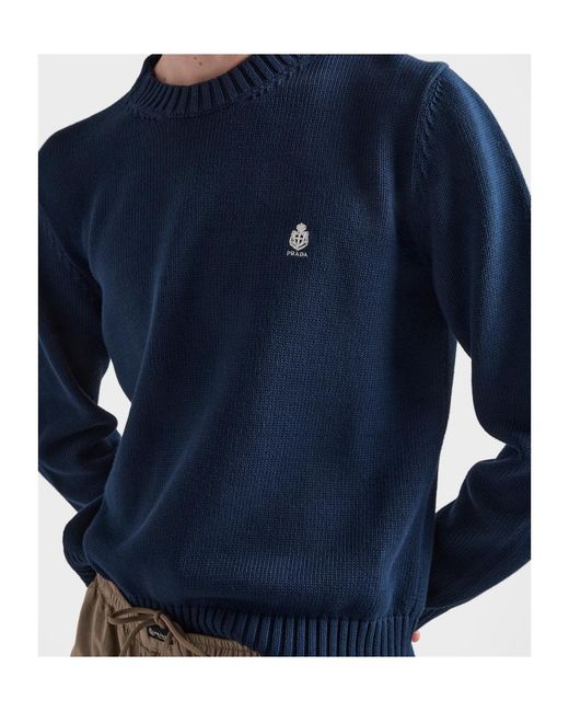 Prada Blue Logo Embroidered Knitted Sweater for men