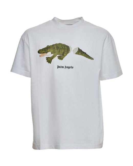 Palm Angels Gray Crocodile-Print Cotton T-Shirt for men