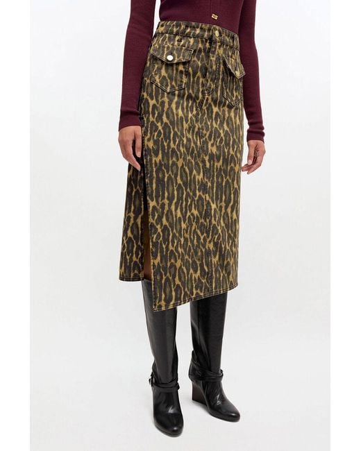 Ganni Green Leopard Print Denim Midi Skirt