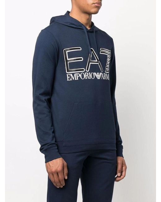 EA7 Blue Logo-Print Rib-Trimmed Hoodie for men