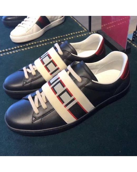 Gucci Black And Cream Logo Stripe Leather Sneaker for men