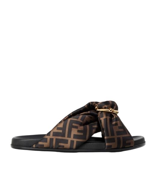 Fendi Brown Logo Satin Slippers