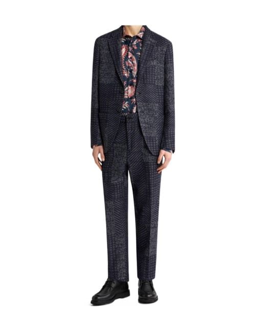 Etro Blue Wool-Blend Patchwork Blazer for men