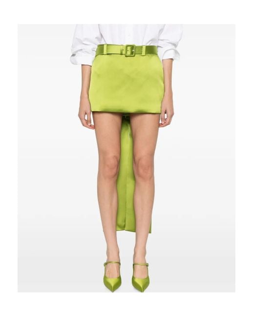 Self-Portrait Green Satin Bow-Detailed Belted Mini Skirt