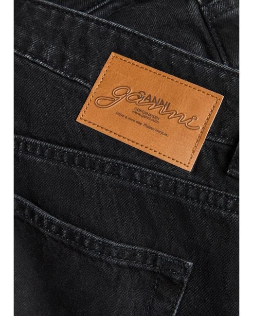 Ganni Black Floral-Embroidered Wide-Leg Jeans