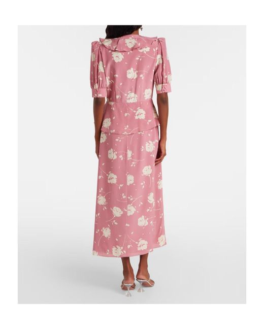 Alessandra Rich Pink Floral Ruffled Silk Midi Dress