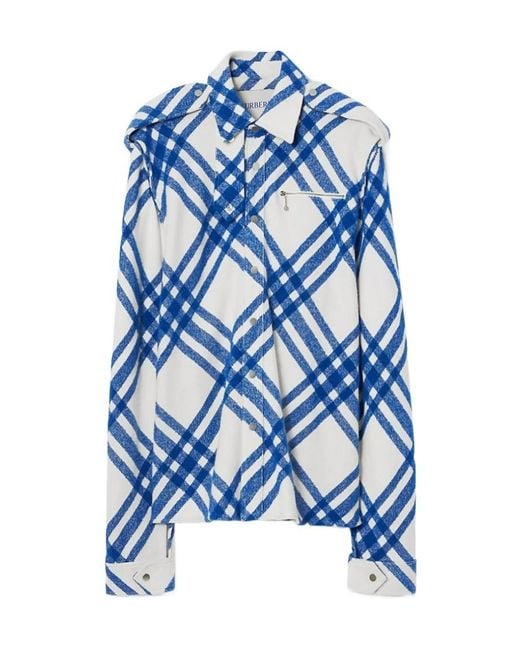 Burberry Blue Plaid-Check Long Sleeved Buttoned Shirt Jacket for men
