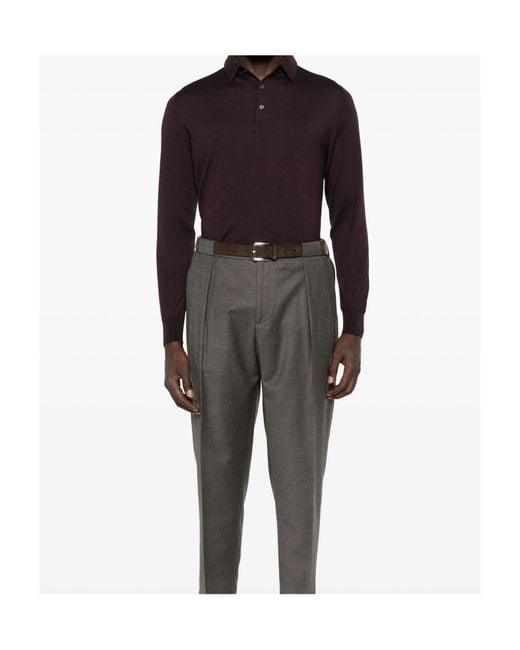 Lardini Purple Half-Button Long Sleeved Polo Shirt for men
