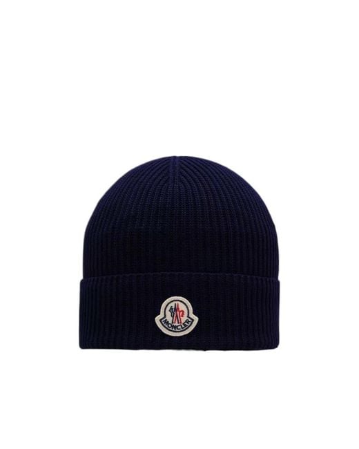 Moncler Blue Logo Patch Ribbed-Knit Beanie for men