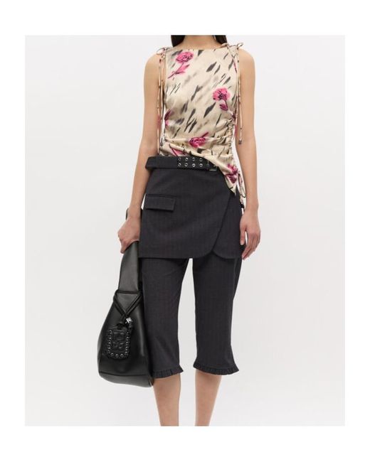 Ganni White Graphic Printed Stretch Satin Gathered Top