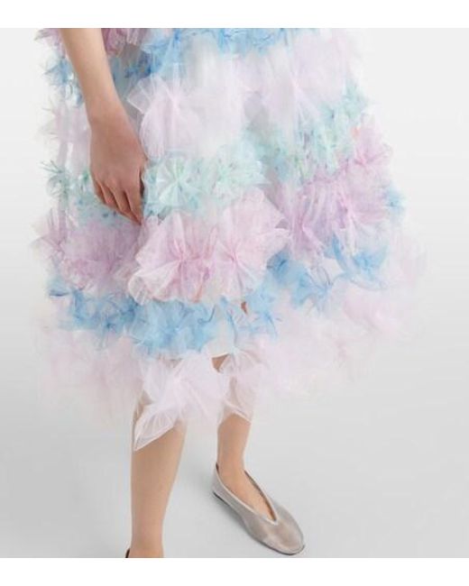 SUSAN FANG Blue Air-Flower Floral Tulle Midi Dress