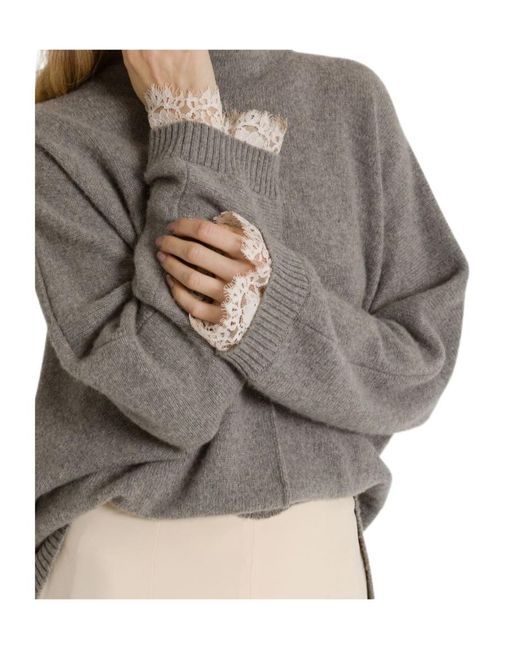 Alberta Ferretti Gray Cashmere Sweater With Contrasting Lace Cuffs