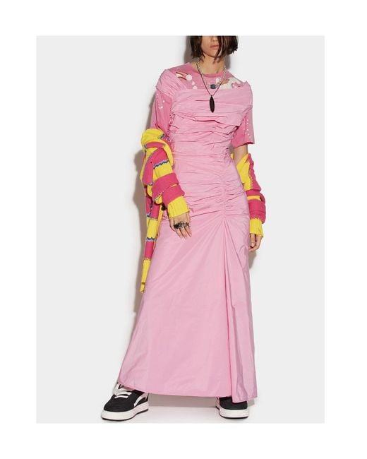 DSquared² Pink Ruched Off-Shoulder Maxi Dress