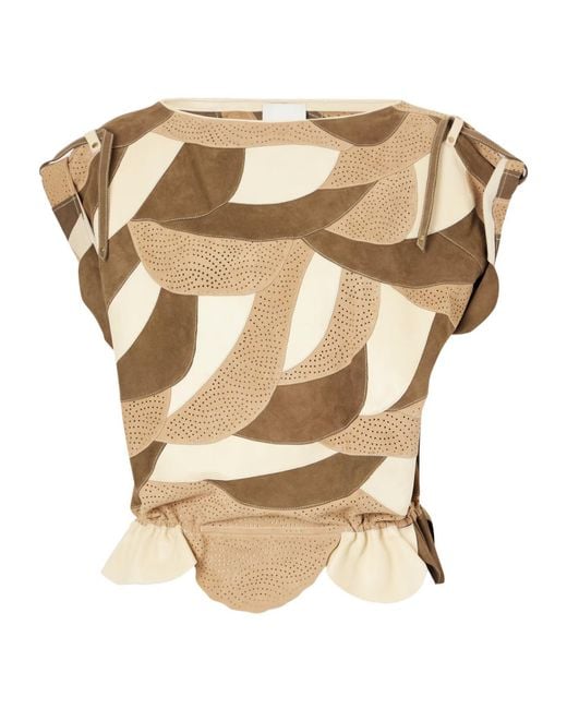 Isabel Marant Natural Gathered Patchwork Perforated Suede Top