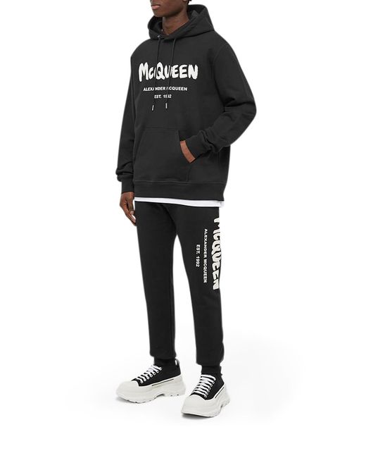 McQueen Black Logo Printed Drawstring Hoodie for men