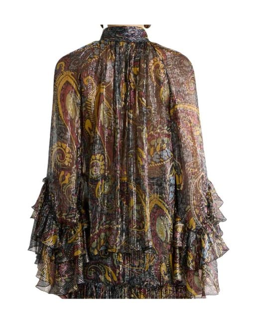 Etro Brown Silk Shirt With Ruffle And Striped Floral Paisley Motif