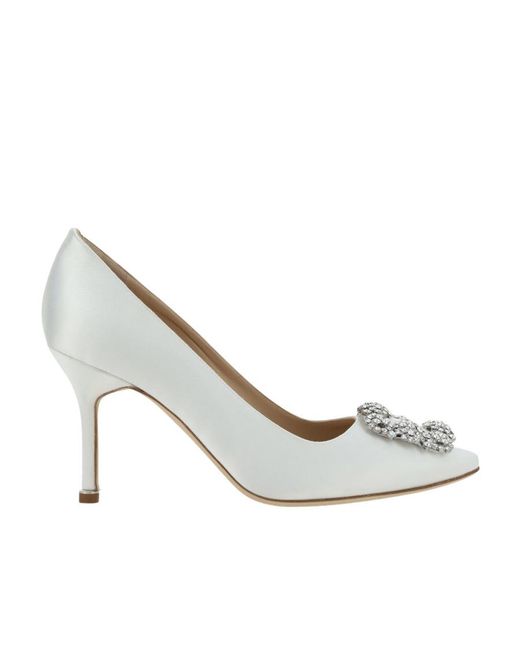 Manolo Blahnik White Hangisi Embellished Satin Pumps