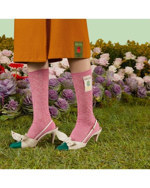 Gucci Pink Logo-Patch Perforated-Knit Socks