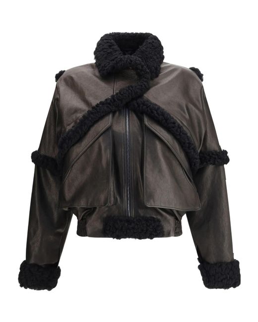 Magda Butrym Black Shearling-Trimmed Bomber Leather Jacket