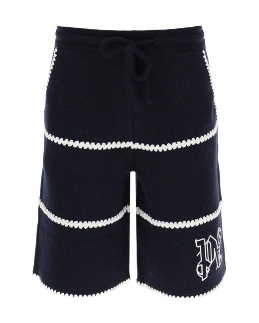 Palm Angels Blue Logo Embroidered Drawstring Shorts for men