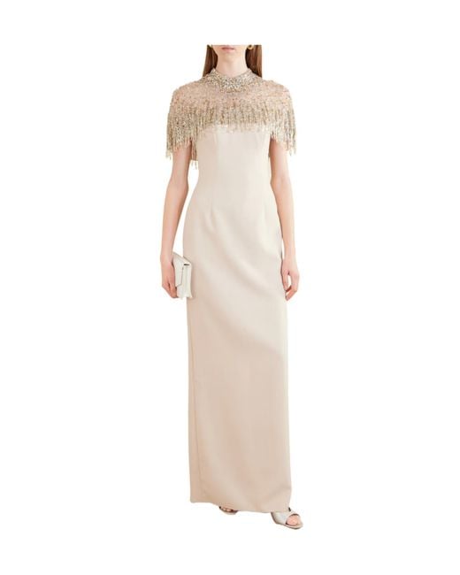 Jenny Packham White Cape Effect Embellished Tulle Gown