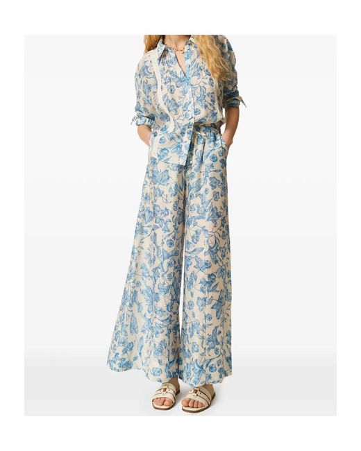 Twinset Blue Floral-Print Palazzo Trousers