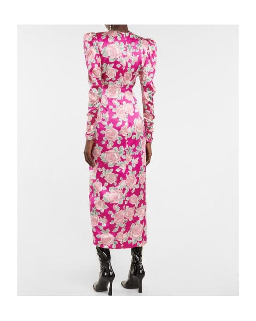 Alessandra Rich Pink Floral Draped Silk Satin Maxi Dress